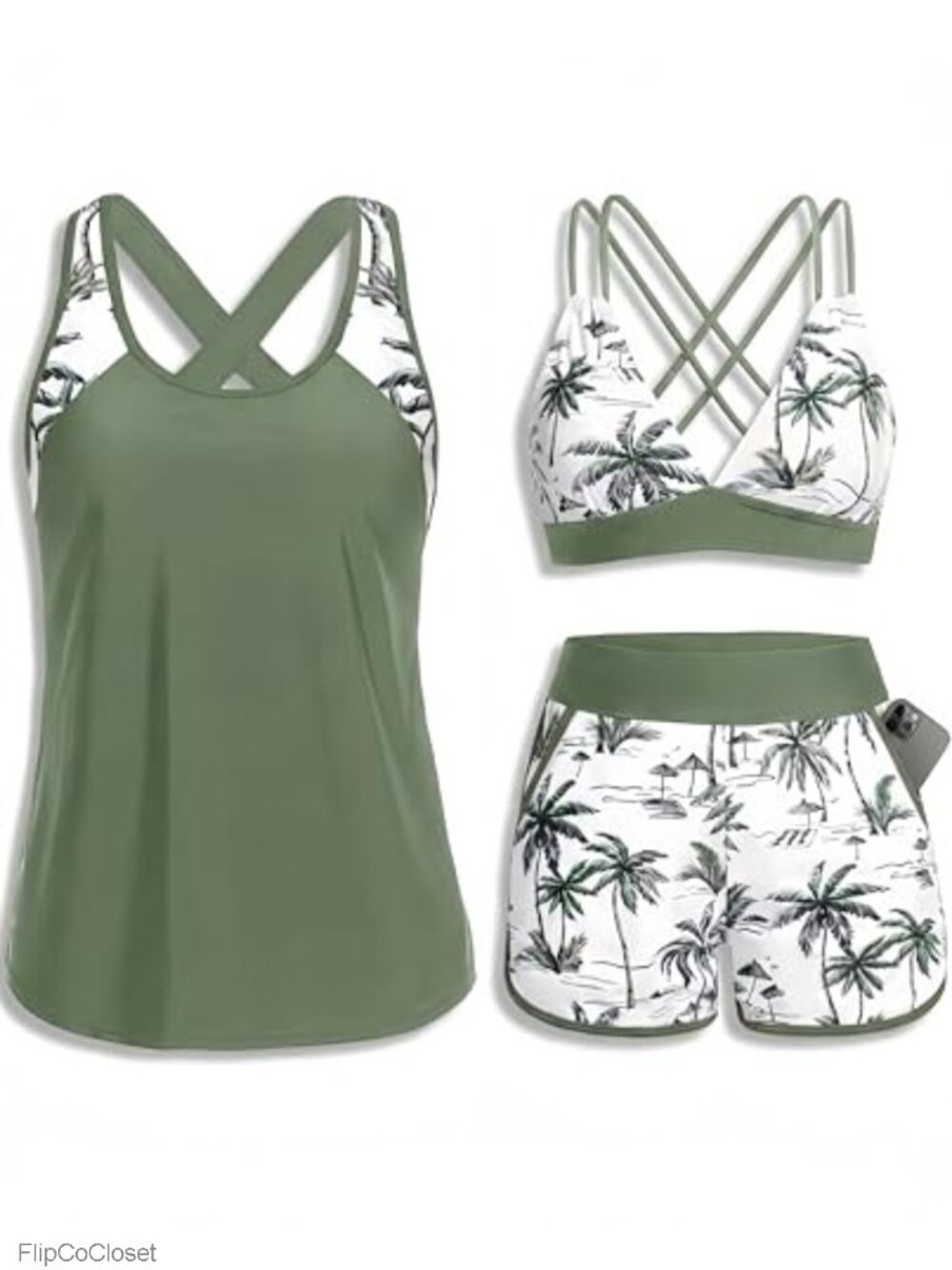 3 Piece Tankini Swimsuit Tummy Control with Bra Pocket Boy Shorts Modest
